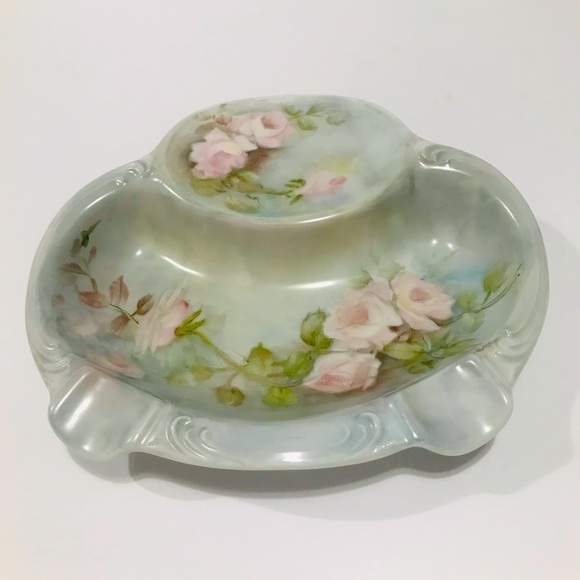 Antique Handpainted Flowers Porcelain Ashtray Unmarked 7”-6”